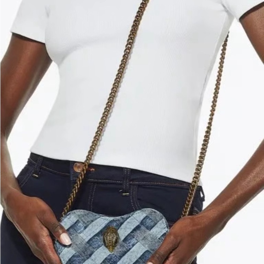 Kurt Geiger Blue Woven Heart Crossbody Bag with Antique Gold Chain